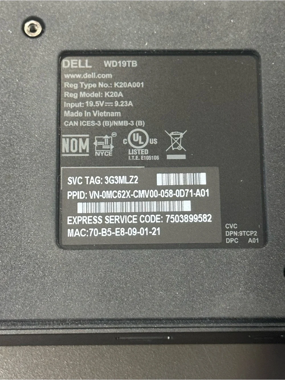 Dell WD19TB Black Docking Station Power Module